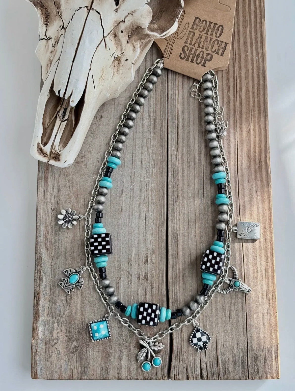 2 Layered Western Charm & Navajo Pearl Bead Choker Necklace