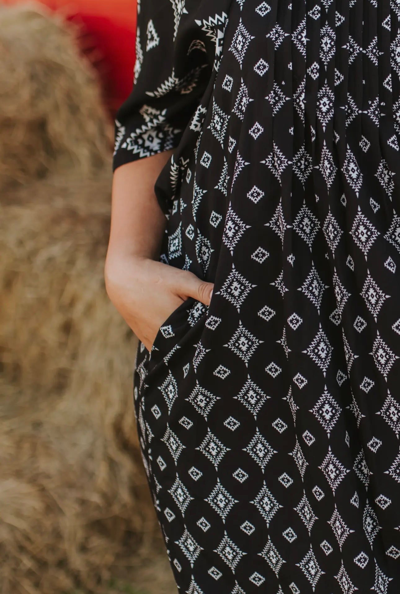 Plus Size Black Aztec Printed Pleated Square Neckline Dress