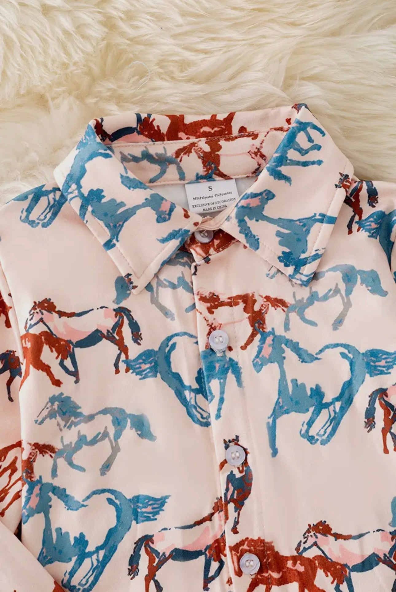 Western Horse Printed On Cream Long Sleeve Button Up Shirt