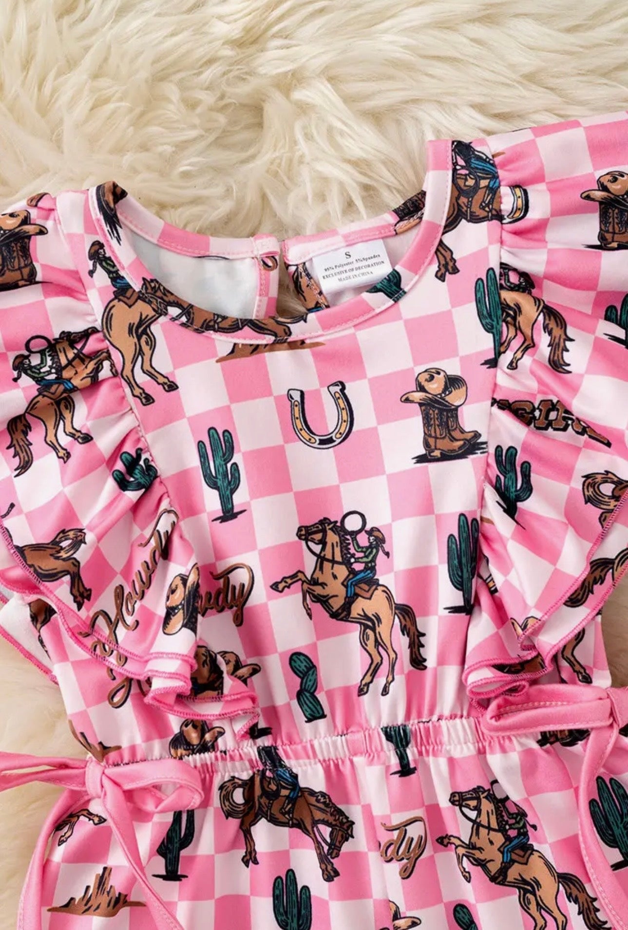 Pink checkered western romper with angel sleeves