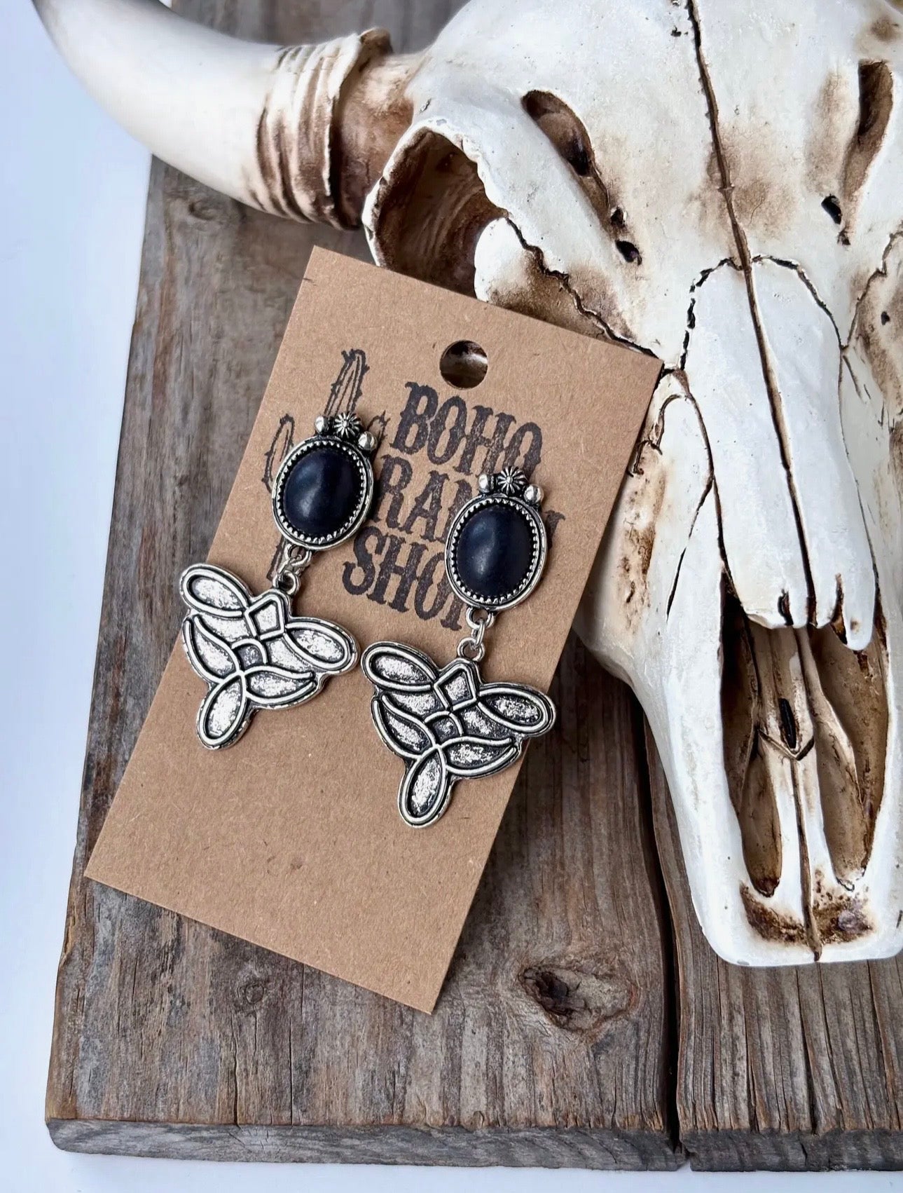 Western Oval Stone Concho Boot Stitch Drop Earrings