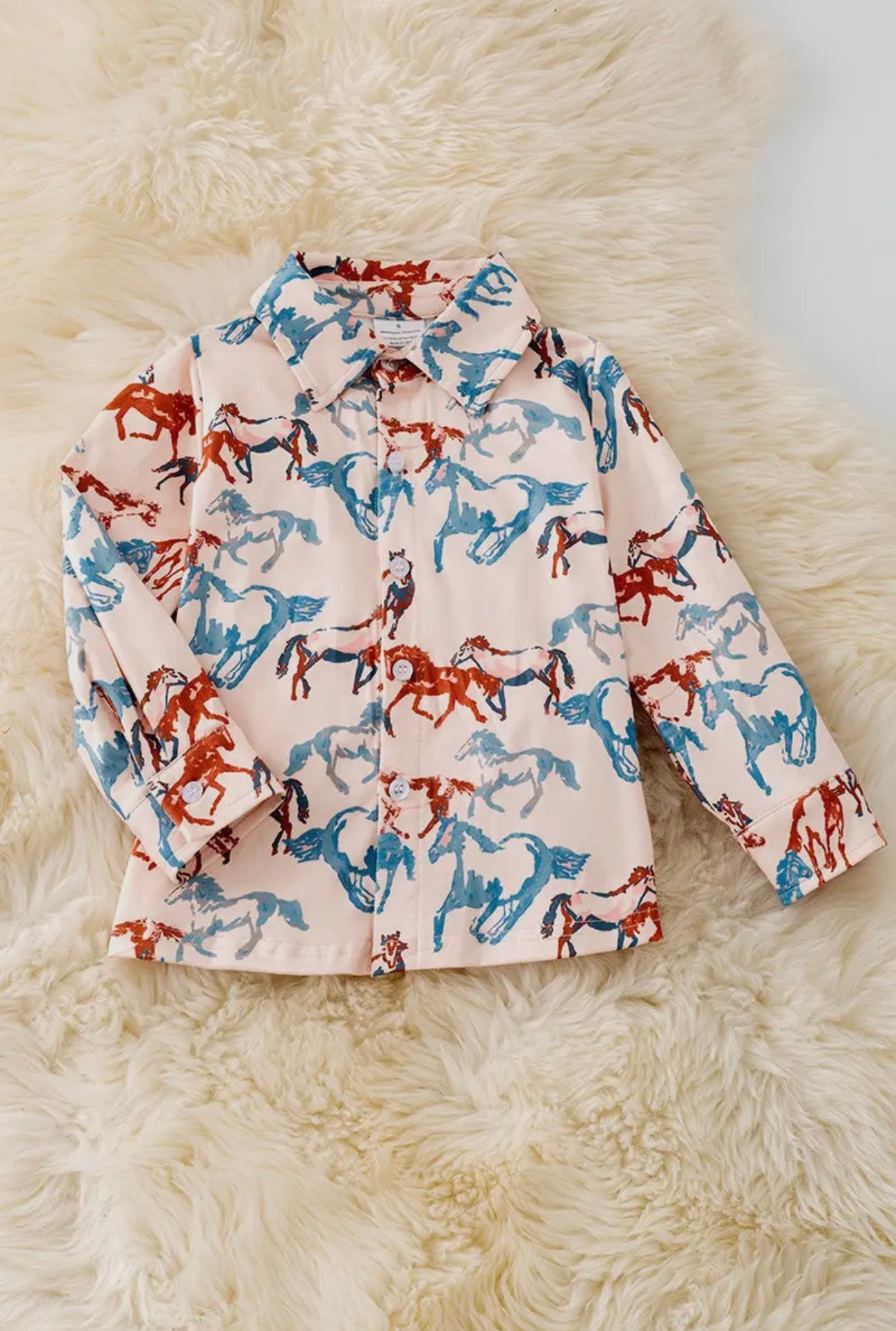Western Horse Printed On Cream Long Sleeve Button Up Shirt