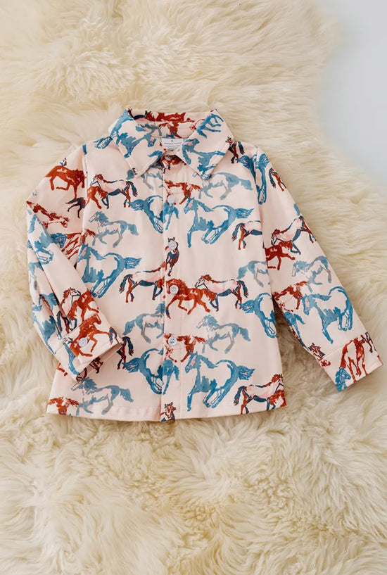 Western Horse Printed On Cream Long Sleeve Button Up Shirt