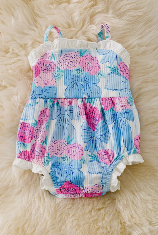 Bow & Floral Printed Bow Baby Romper W/Ruffle Hem