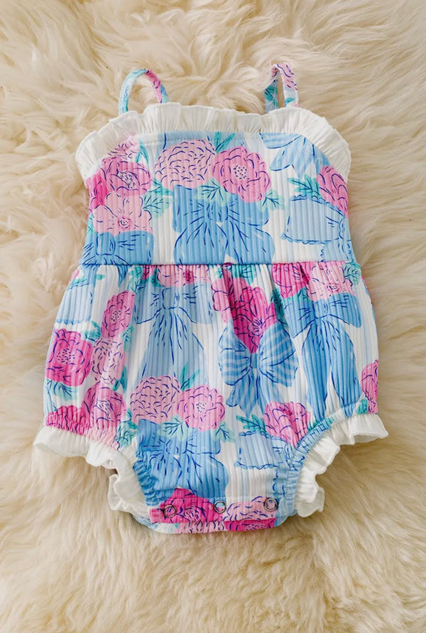 Bow & Floral Printed Bow Baby Romper W/Ruffle Hem