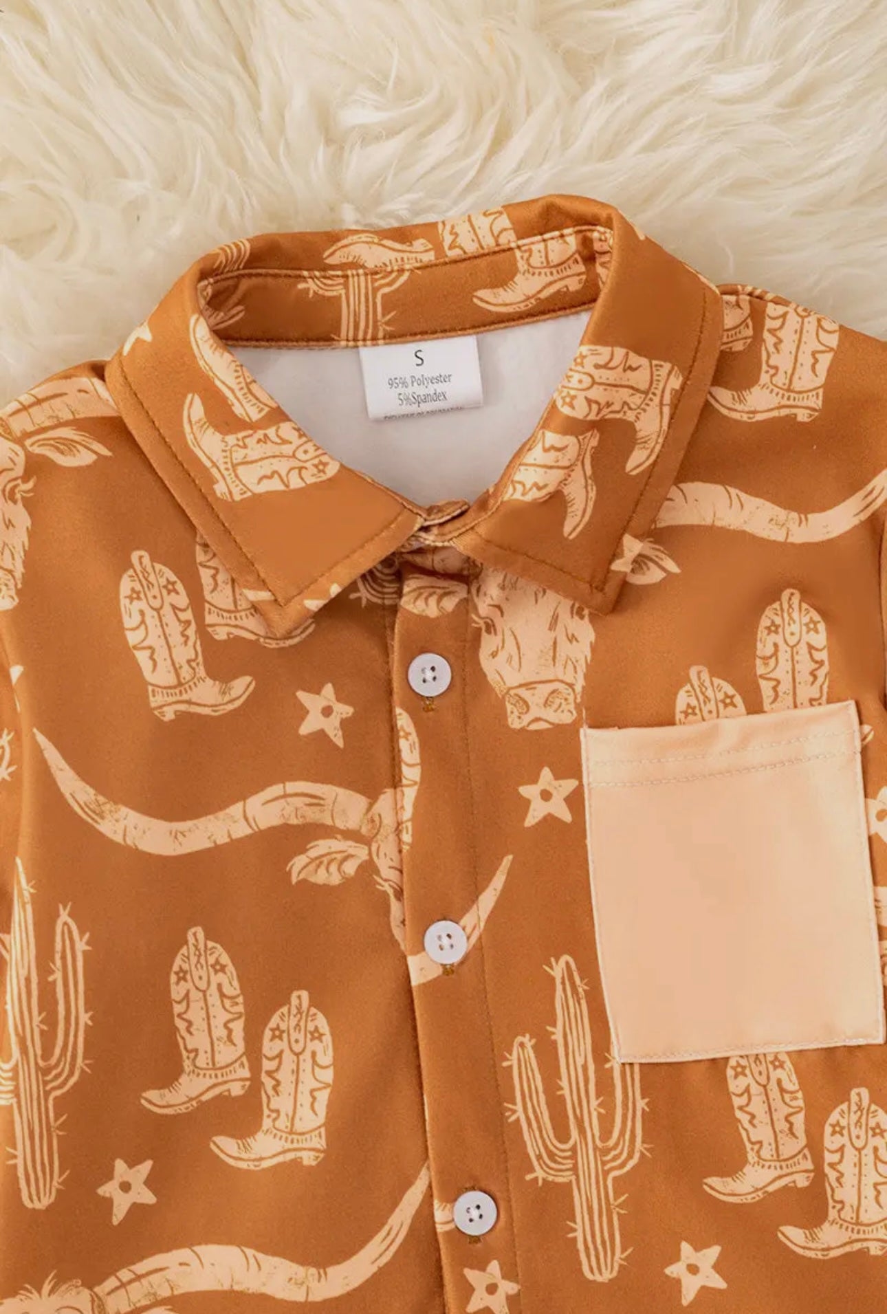 Brown Longhorn Cow Printed Boys Button Up Shirt