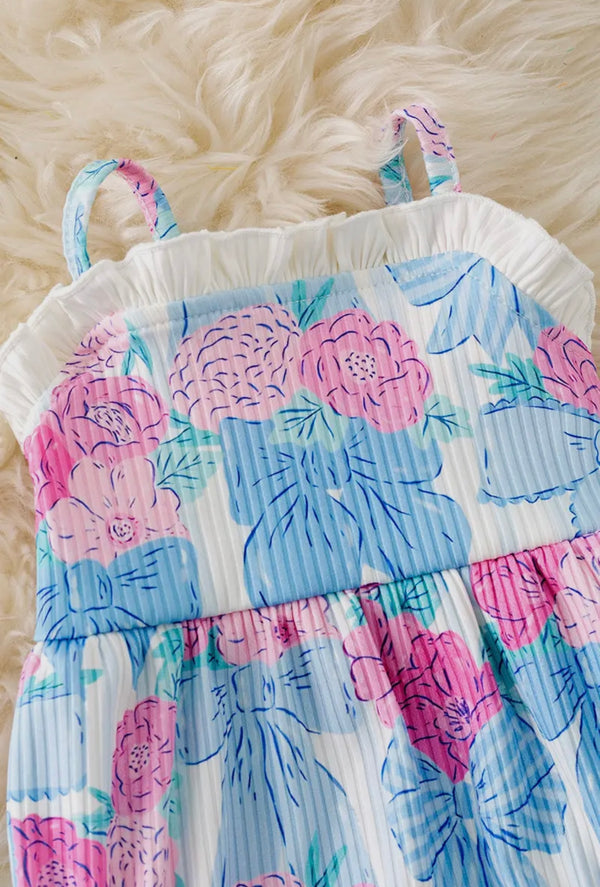 Bow & Floral Printed Bow Baby Romper W/Ruffle Hem