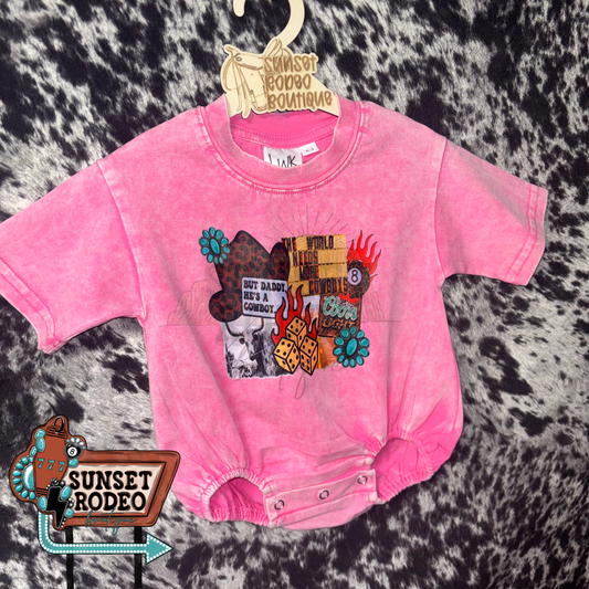 But Daddy He’s a Cowboy Pink Acid Wash Bubble 0/3M & 12/18M