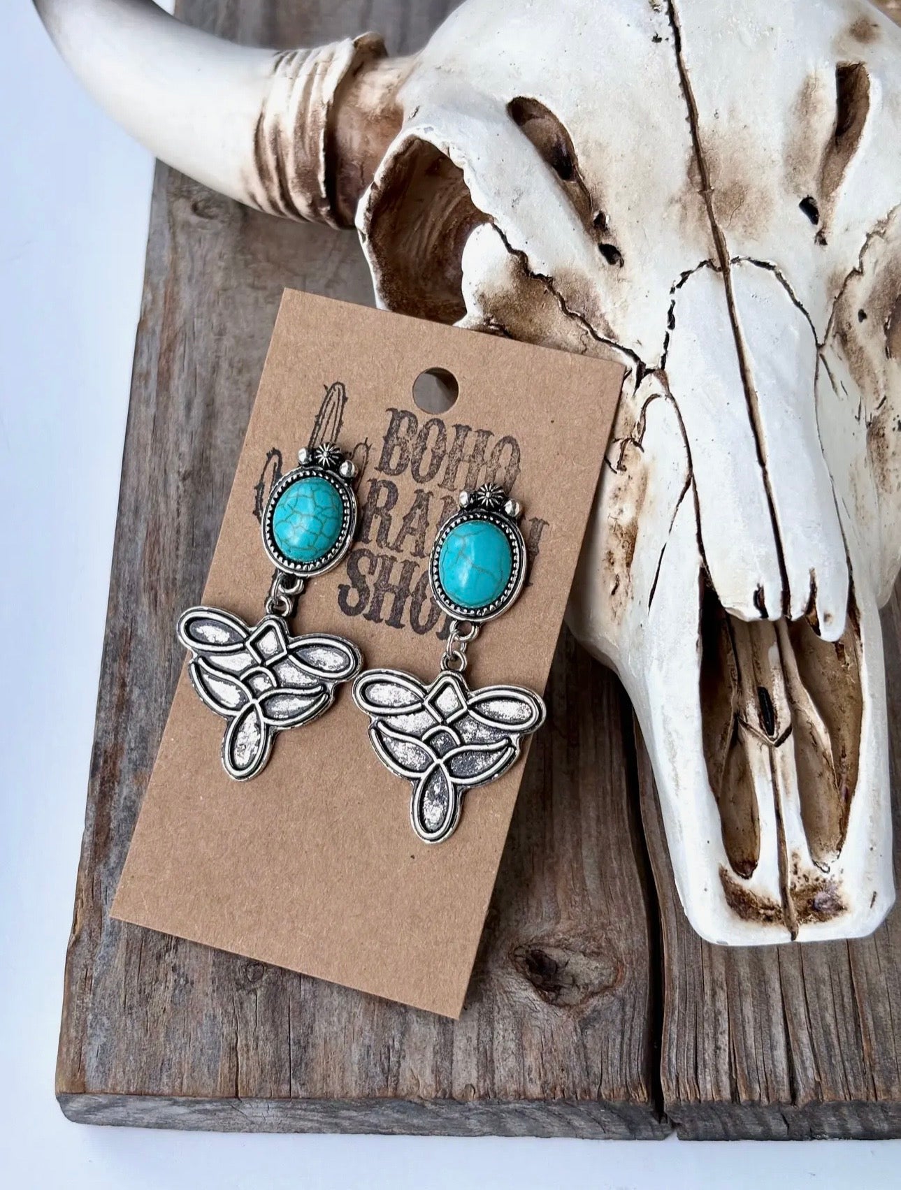Western Oval Stone Concho Boot Stitch Drop Earrings