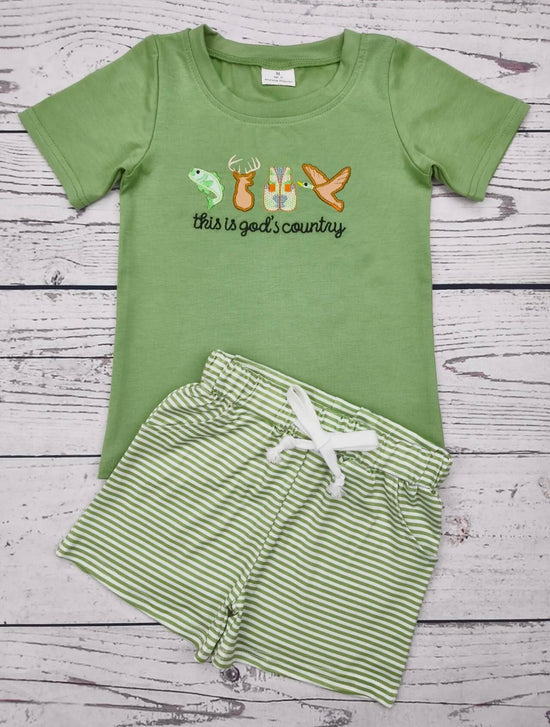 Baby Boy Green Appliqué Hunting Shorts Set