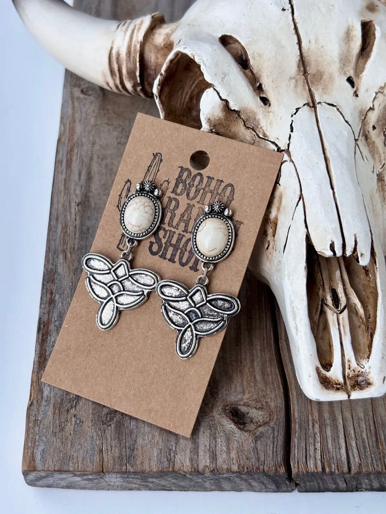 Western Oval Stone Concho Boot Stitch Drop Earrings