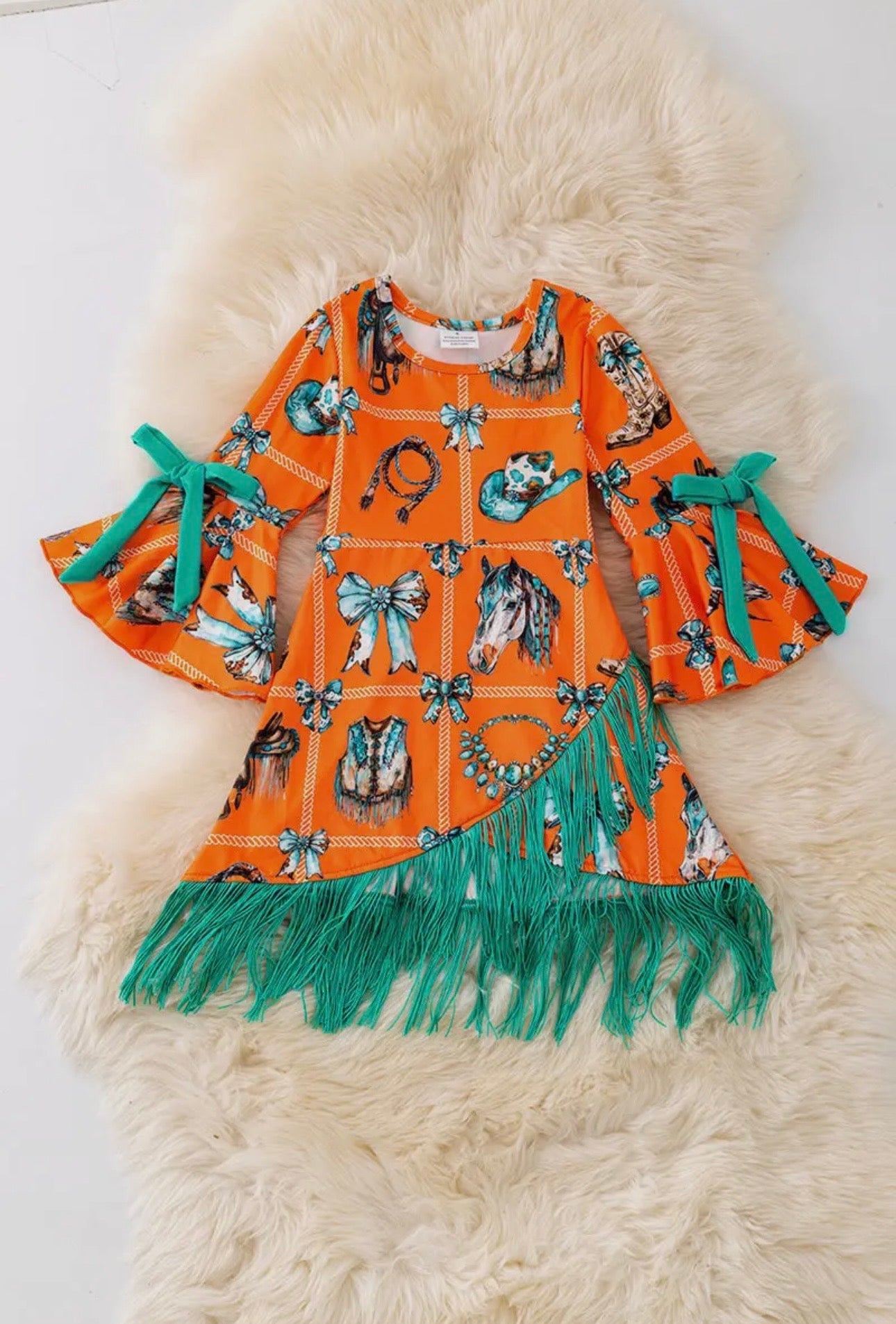 Orange Western Printed Dress With Teal Fringe