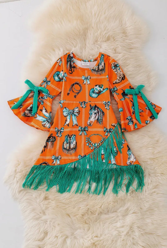 Orange Western Printed Dress With Teal Fringe