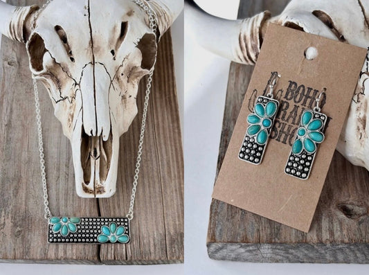 Western Style Turquoise Stone Bar Pendant Chain Necklace with Matching Earrings