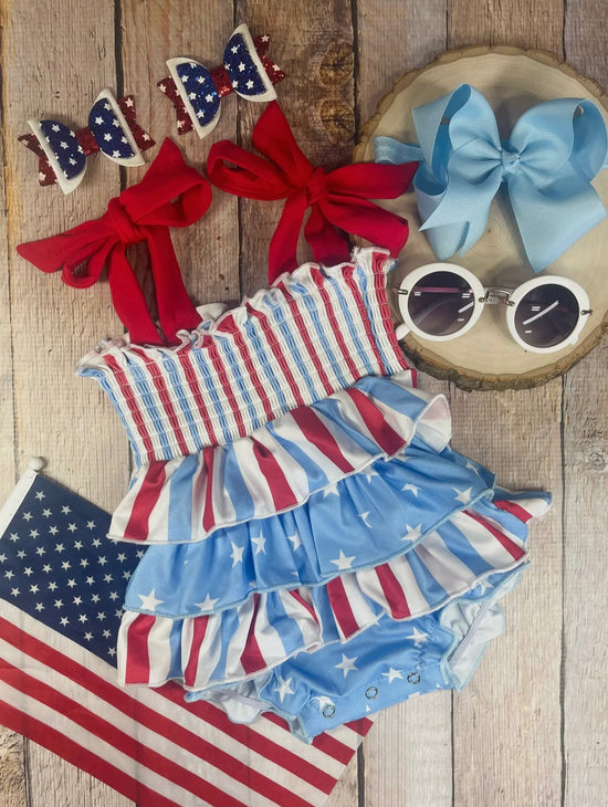 Smocked Stripe & Star Patriotic Baby Girls Bubble