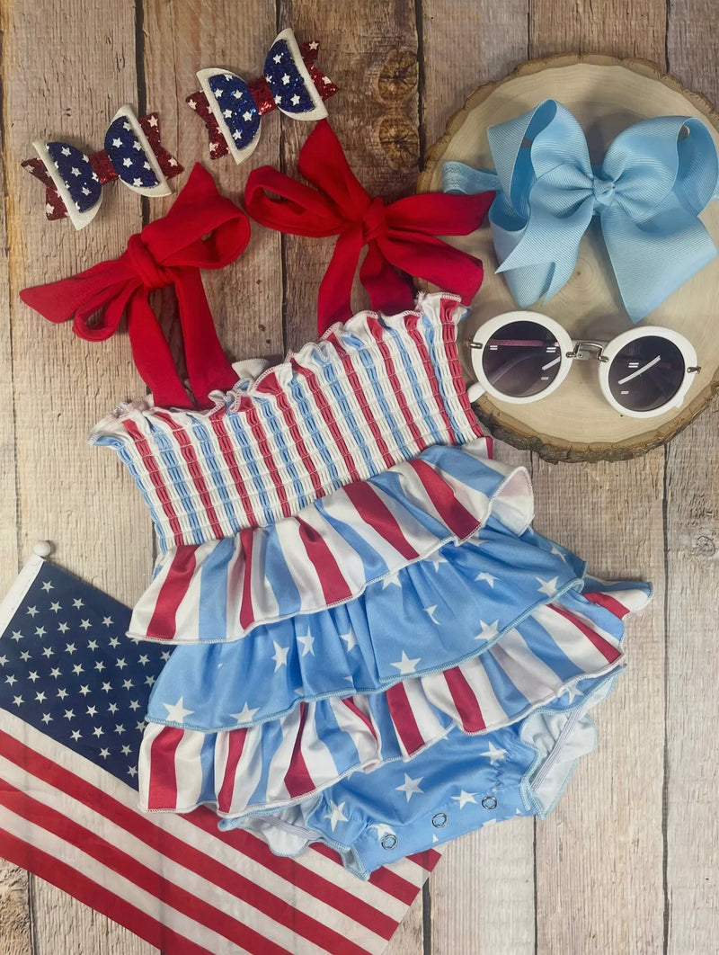 Smocked Stripe & Star Patriotic Baby Girls Bubble