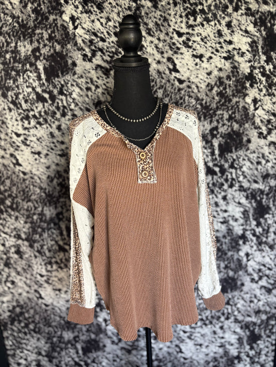Color Block Animal Contrast Button Front Pullover Top