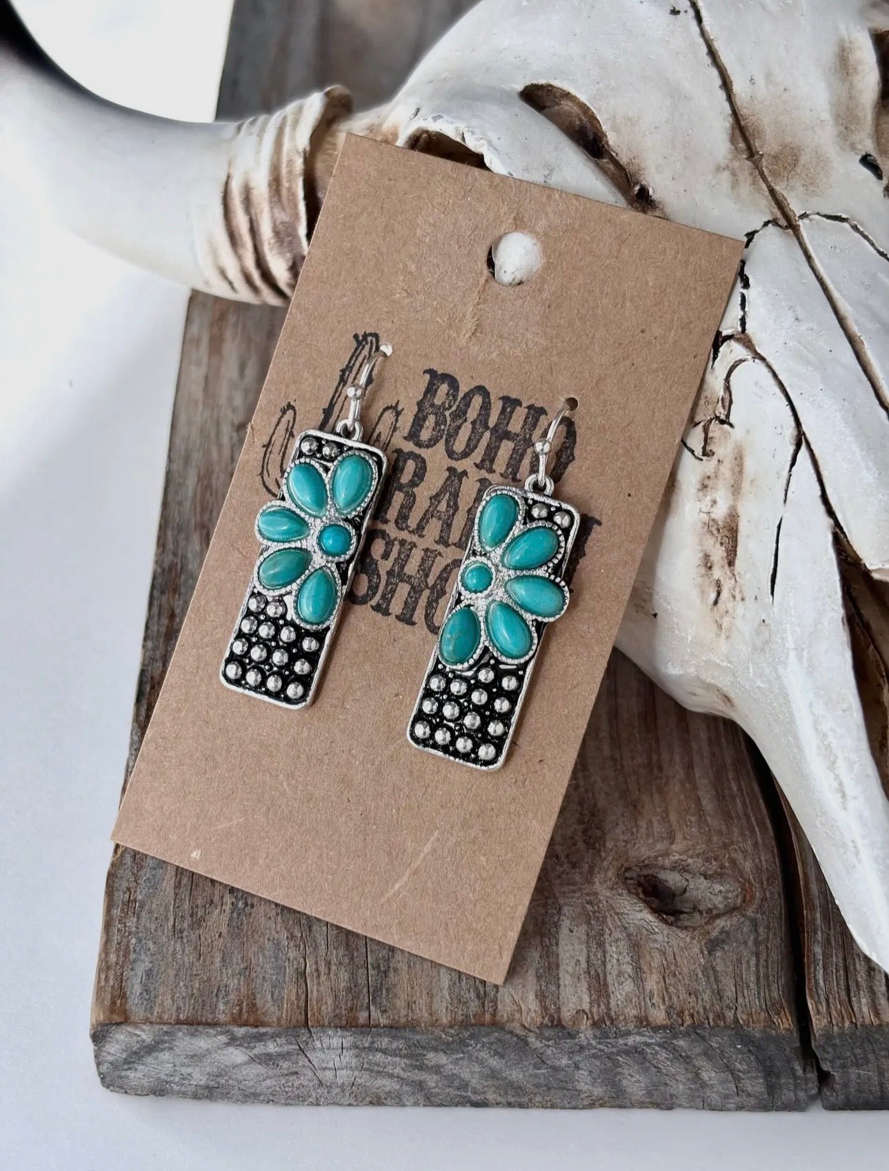 Western Style Turquoise Stone Bar Pendant Chain Necklace with Matching Earrings