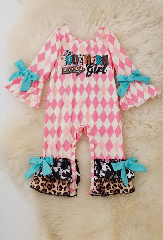 “Southern Girl” Pink Diamond Printed Baby Girls Romper