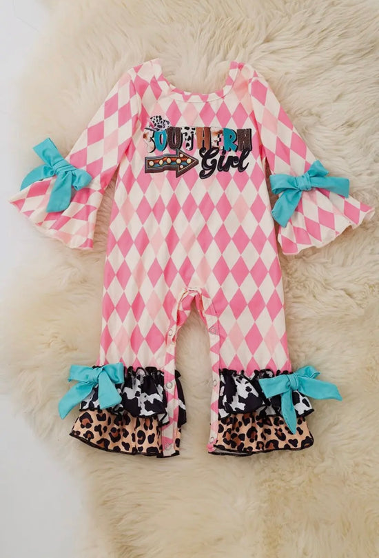 “Southern Girl” Pink Diamond Printed Baby Girls Romper