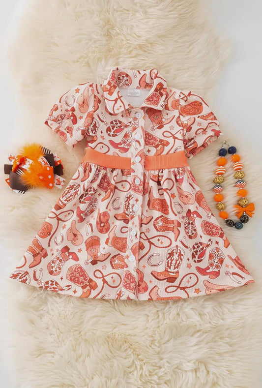 Orange Tone Multi Printed Western Dress