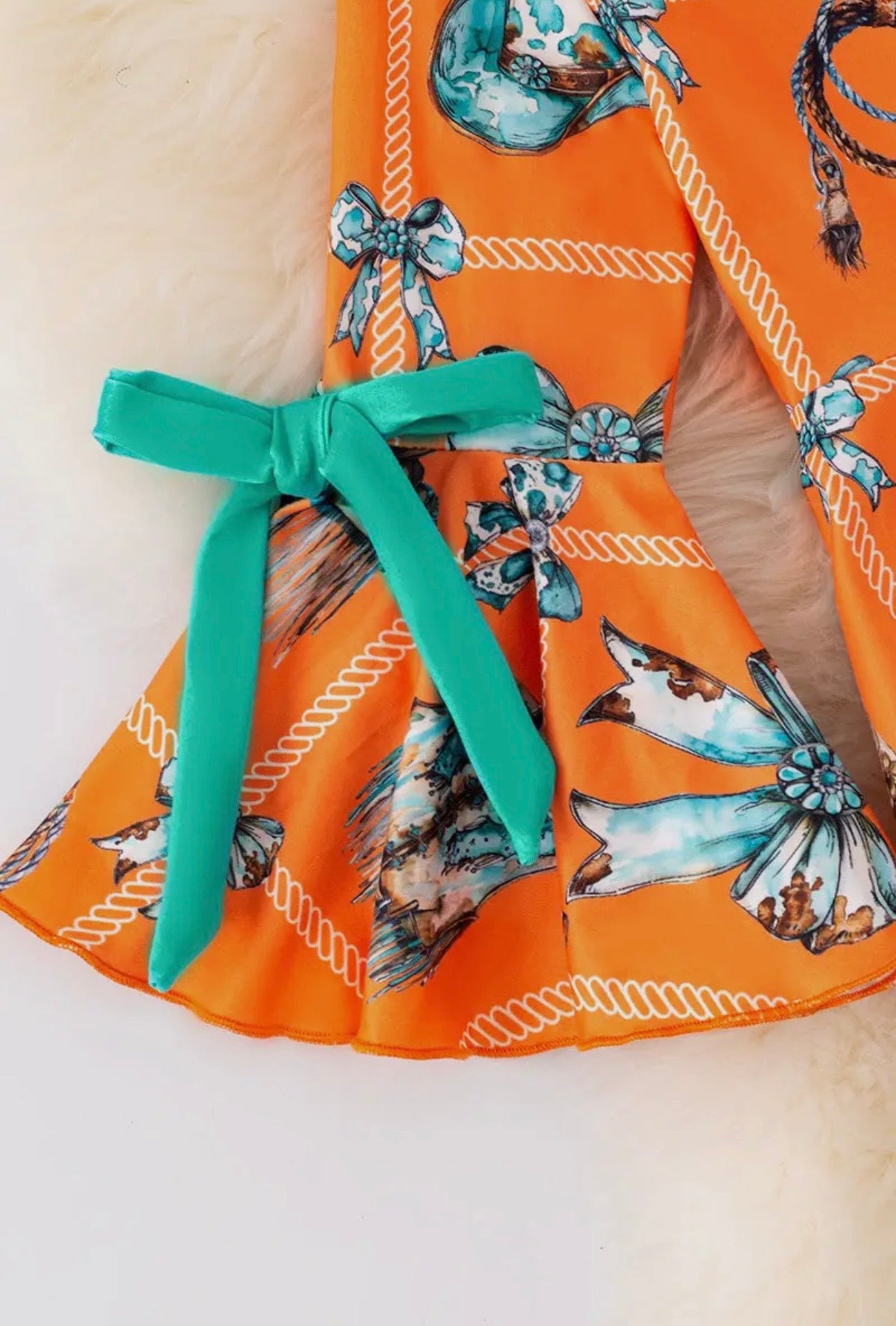 Orange Western Printed Dress With Teal Fringe
