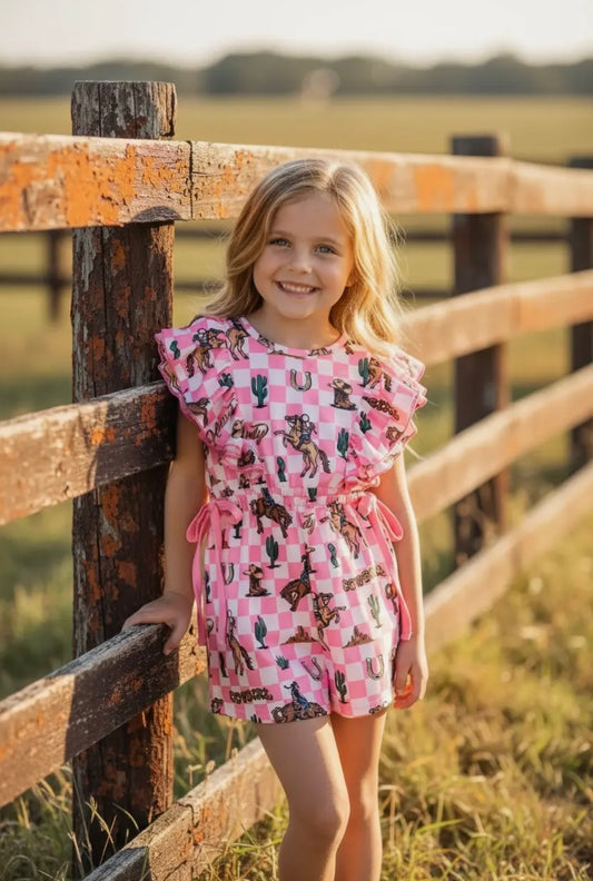 Pink checkered western romper with angel sleeves