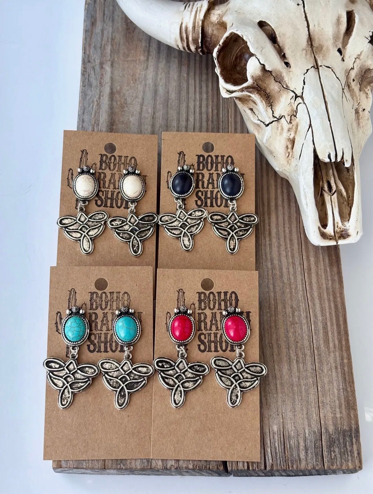 Western Oval Stone Concho Boot Stitch Drop Earrings