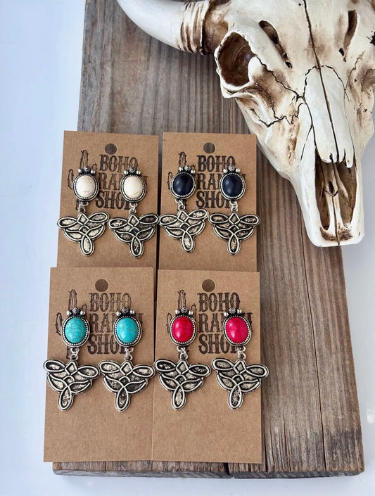 Western Oval Stone Concho Boot Stitch Drop Earrings