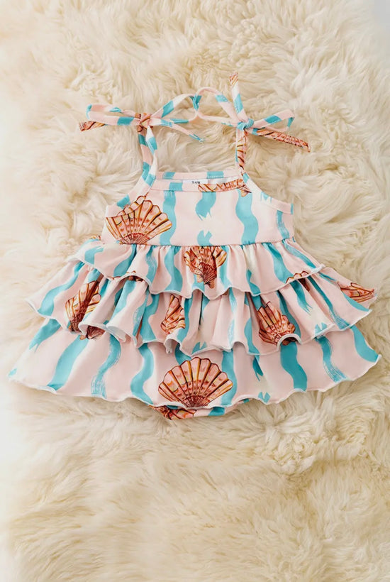 Seashell Printed Girls Baby Onesie with Ruffle Layer