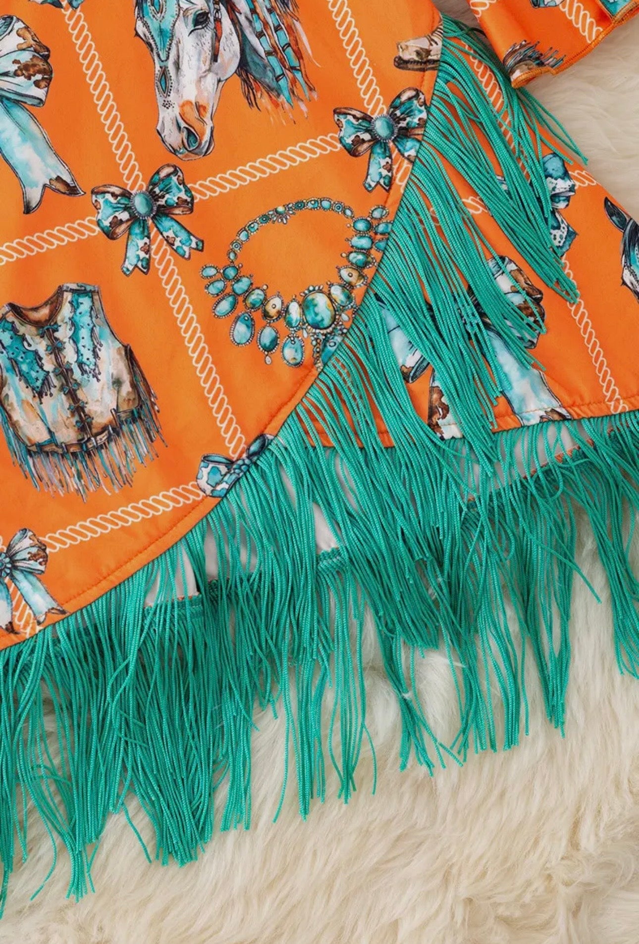 Orange Western Printed Dress With Teal Fringe