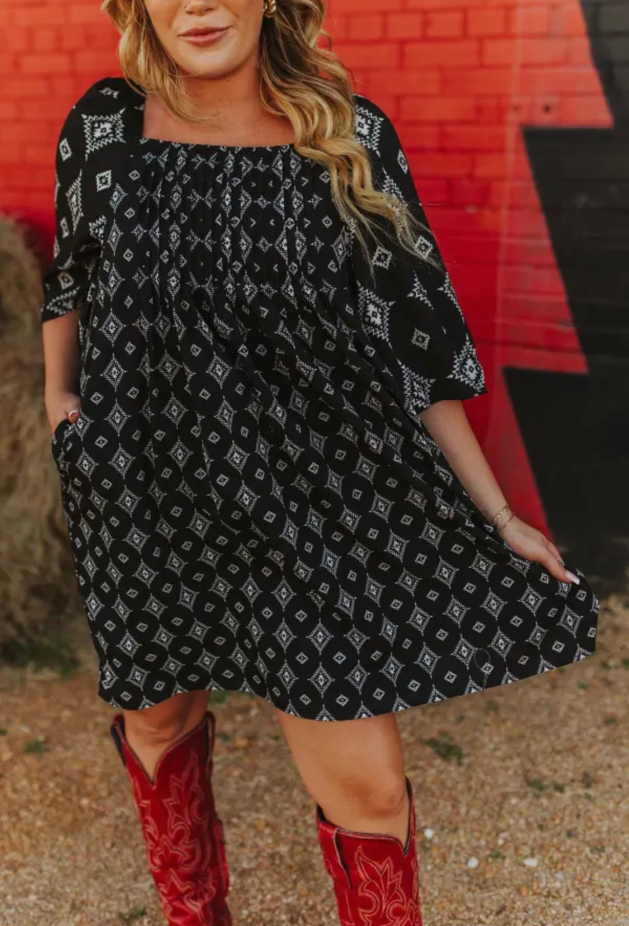 Plus Size Black Aztec Printed Pleated Square Neckline Dress