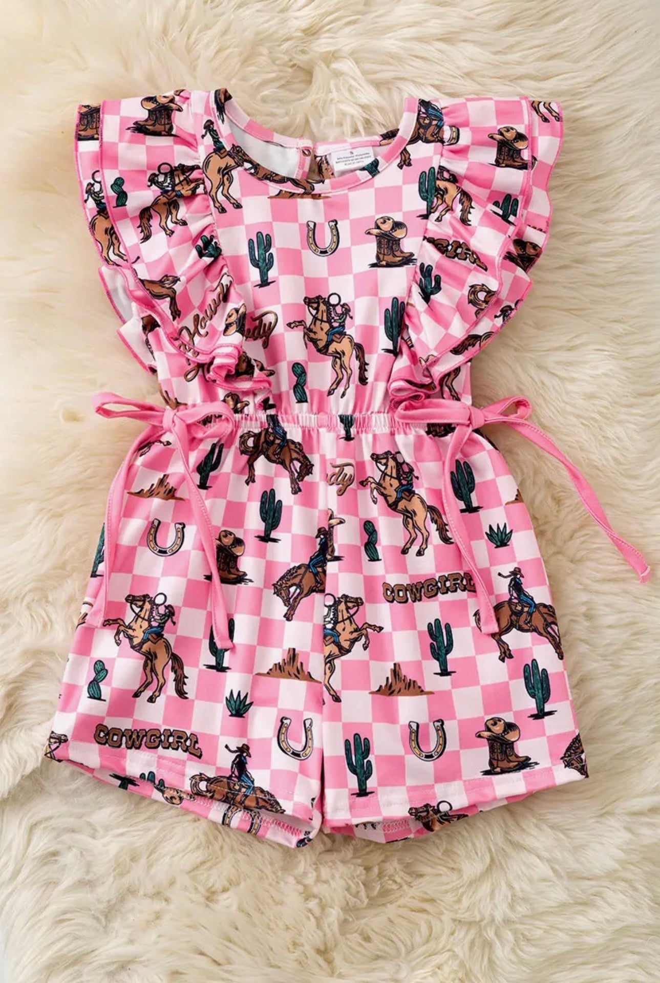 Pink checkered western romper with angel sleeves