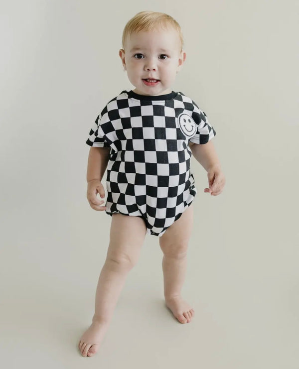 Short Sleeve Bubble Romper Checkered Smiley Black