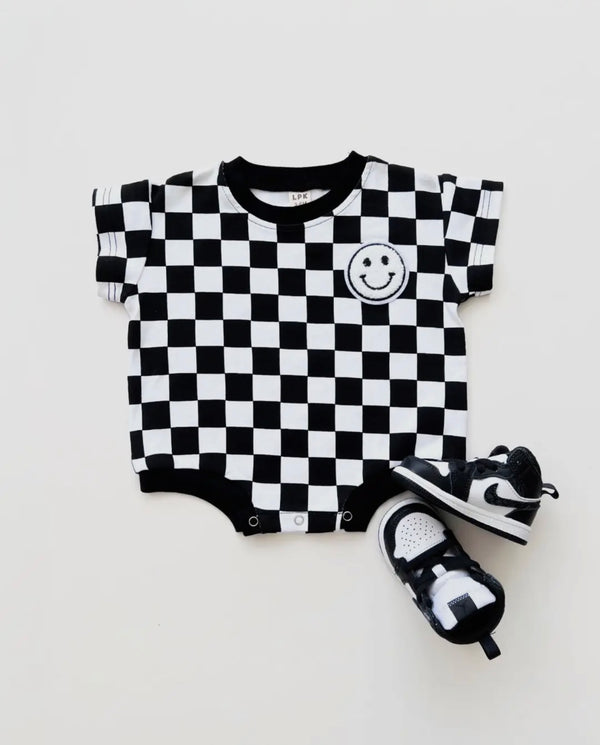 Short Sleeve Bubble Romper Checkered Smiley Black