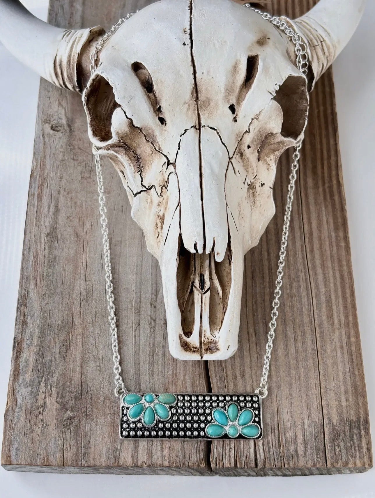 Western Style Turquoise Stone Bar Pendant Chain Necklace with Matching Earrings