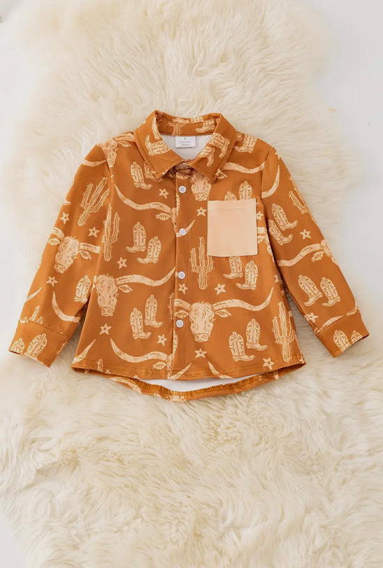 Brown Longhorn Cow Printed Boys Button Up Shirt