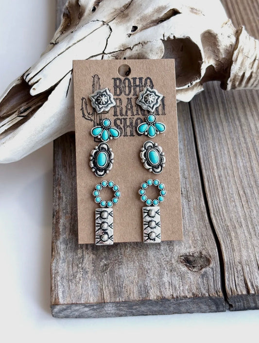 5 Pair Western Theme Stone Stud Earring Set