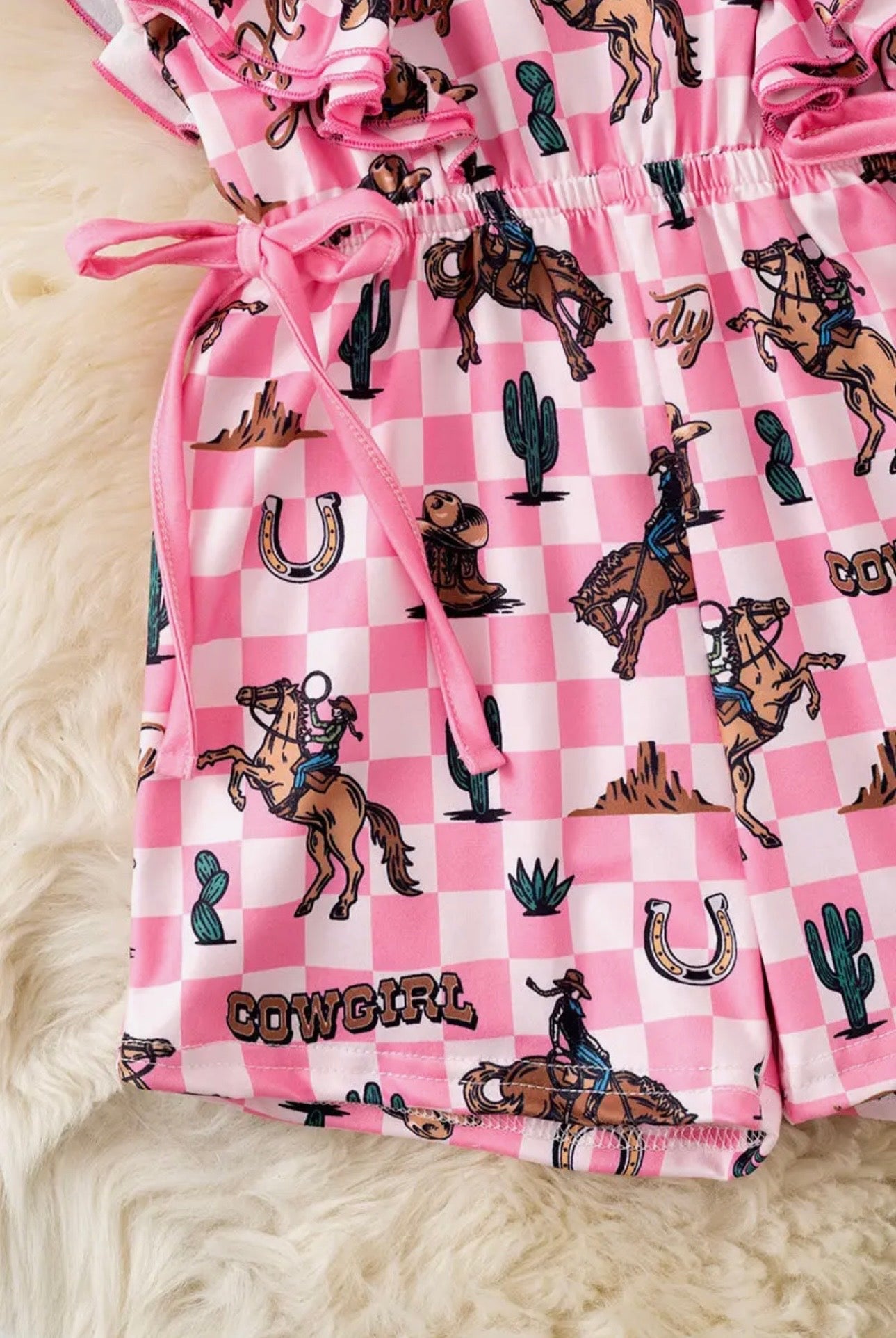 Pink checkered western romper with angel sleeves