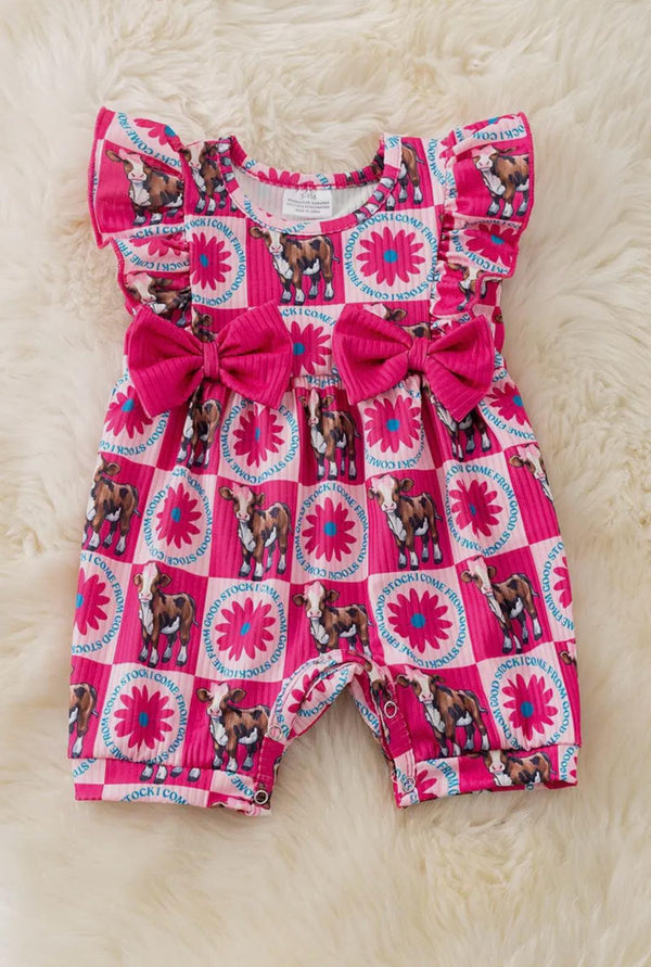“I Come from Good Stock” Cow Printed Baby Romper W/Side Bows
