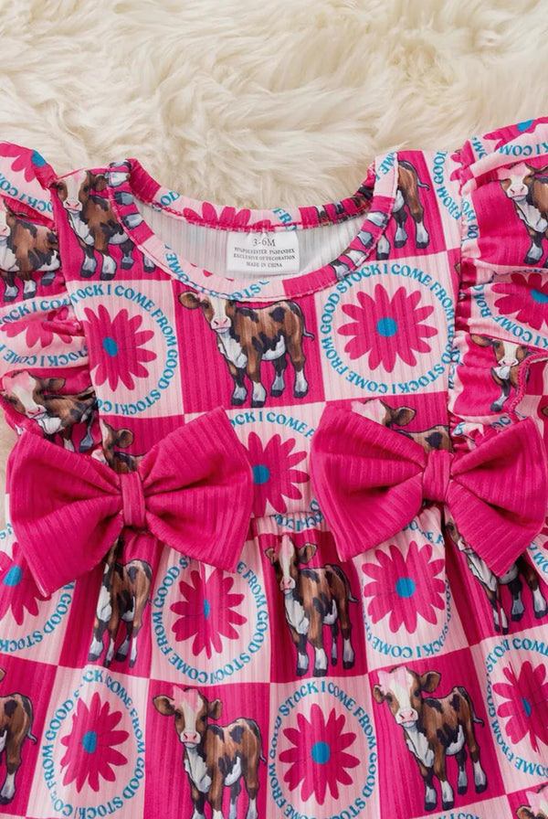 “I Come from Good Stock” Cow Printed Baby Romper W/Side Bows