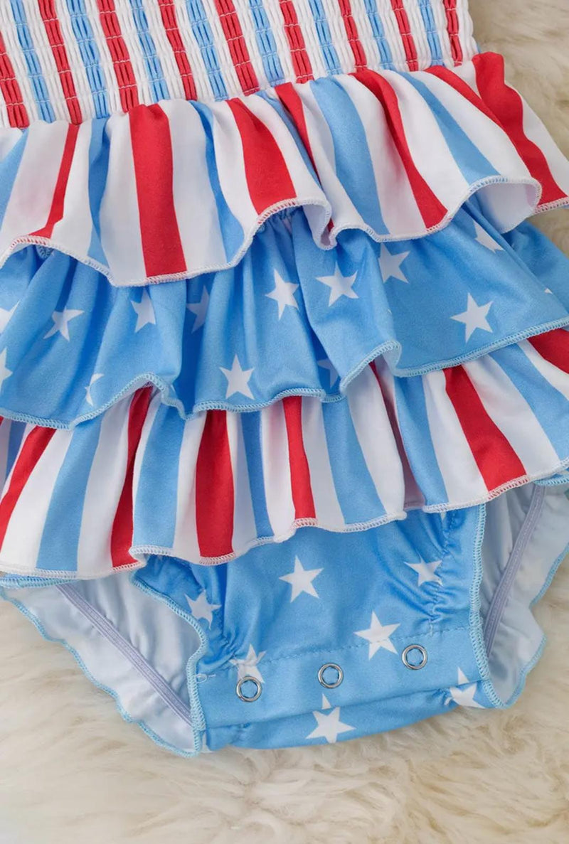 Smocked Stripe & Star Patriotic Baby Girls Bubble